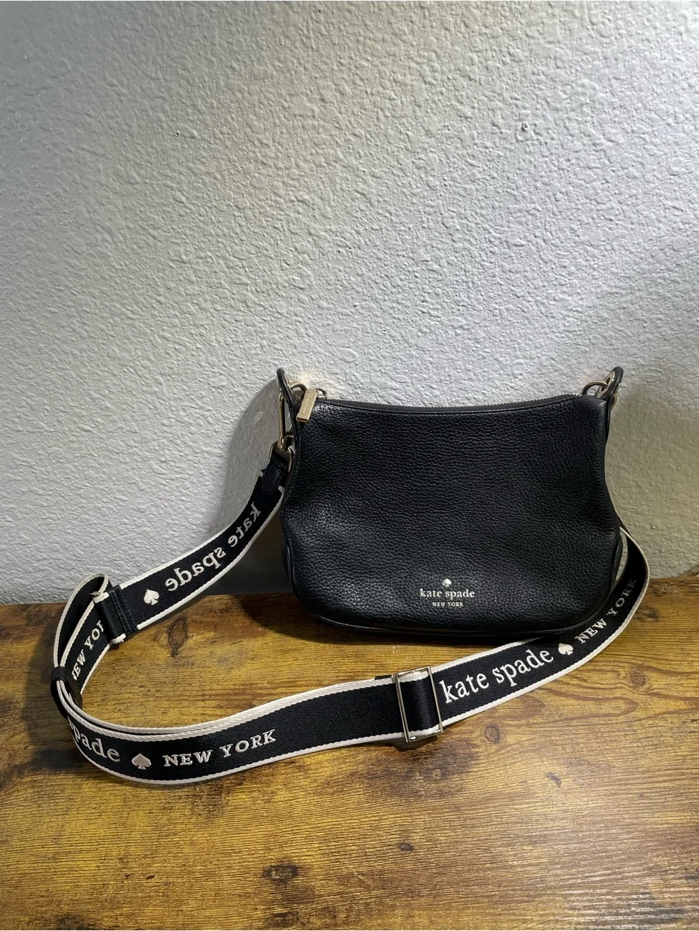 kate spade Rosie Crossbody Black Pebbled Leather w/ Branded Web Strap